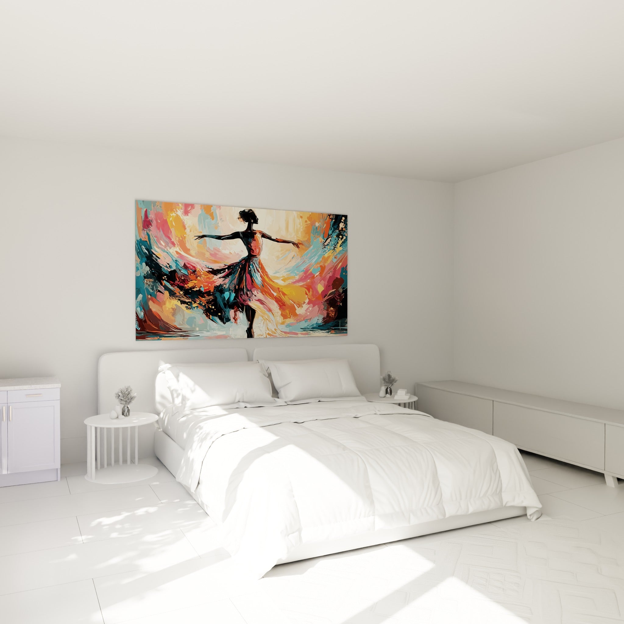 Silhouette de danseuse en robe corail et orange virevoltante, au-dessus d'un lit dans une chambre claire