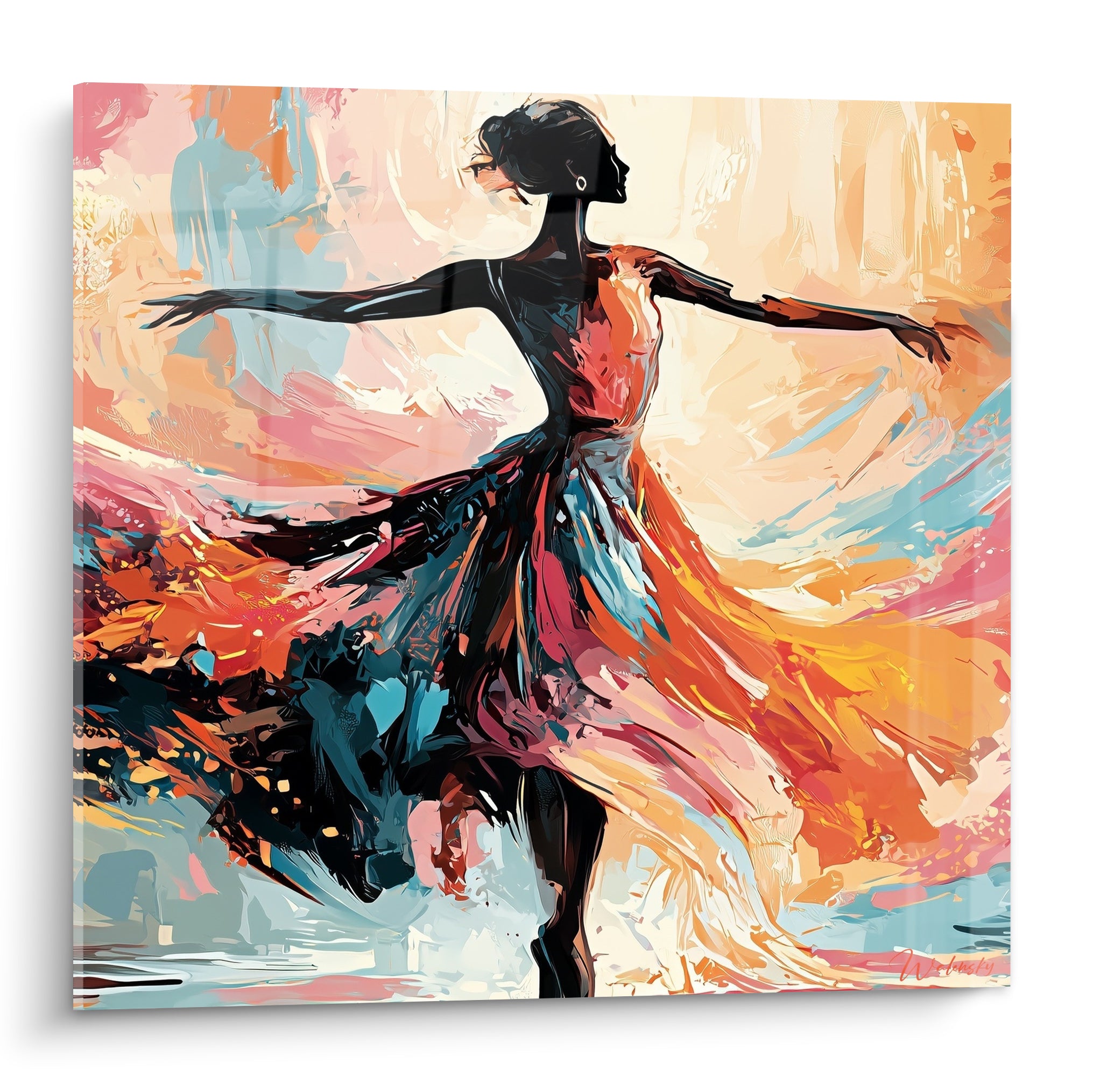 Danseuse abstrait silhouette noire robe orange et bleu pastel en plein tourbillon pictural