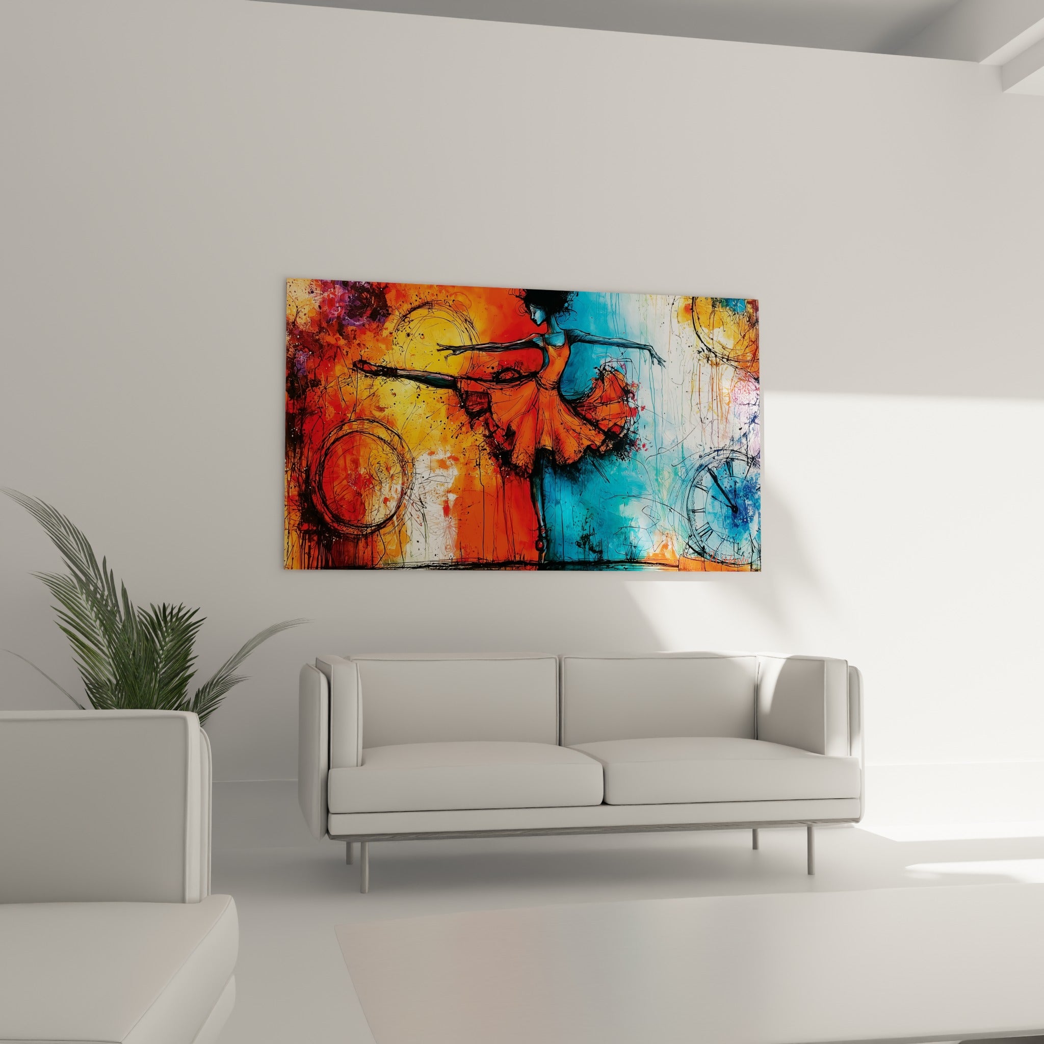 Silhouette dansante en noir sur fond orange et turquoise, geste suspendu, au-dessus d'un canapé dans un salon lumineux