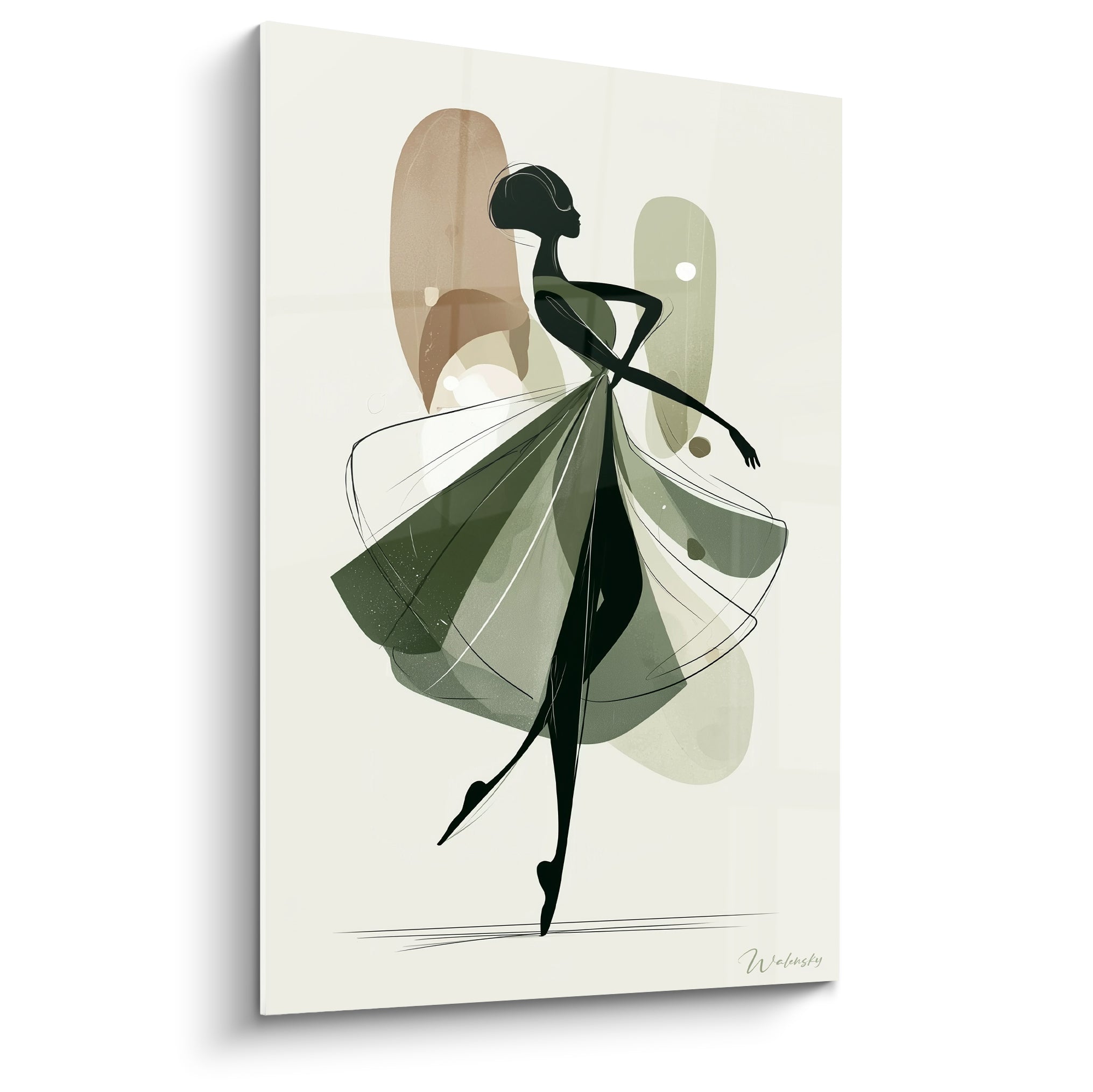 Danseuse abstraite en silhouette noire, jupe vert sauge et fond terracotta sur toile crème