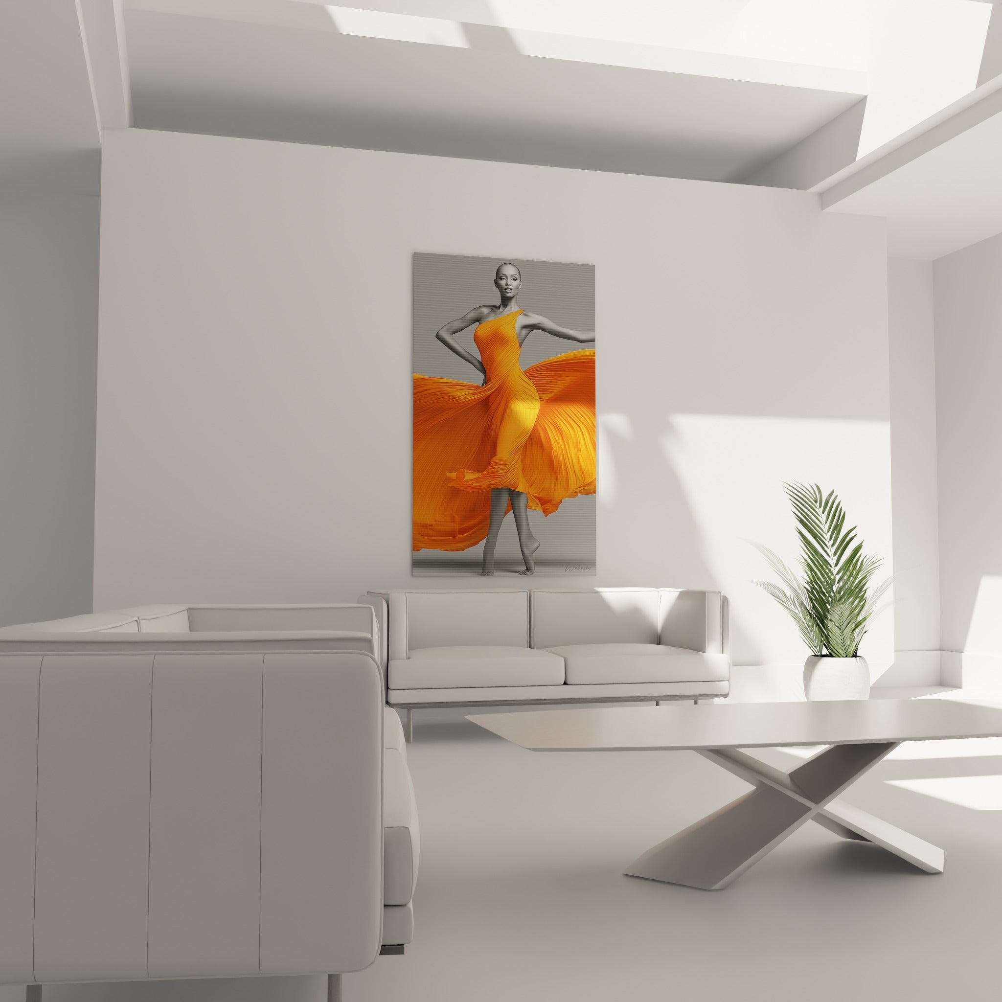Femme en mouvement drapée d'orange sur fond gris, accrochée au-dessus d'un canapé dans un salon lumineux