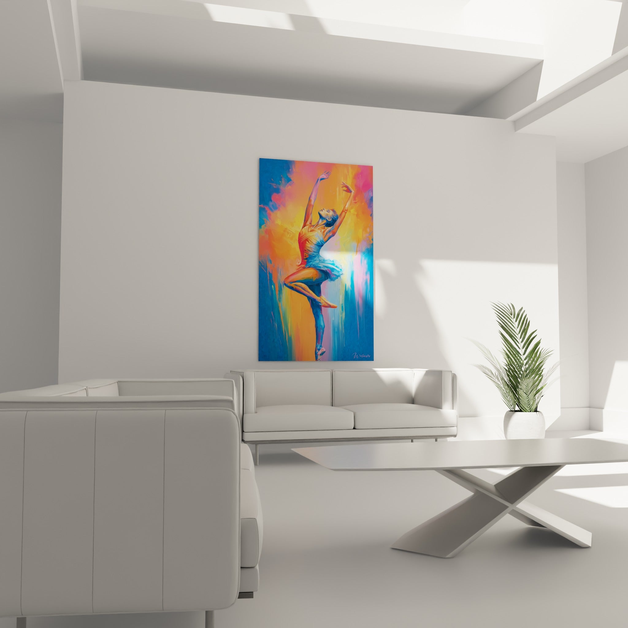 Silhouette dorée en plein envol, tableau danseuse abstrait au-dessus d'un canapé dans un salon lumineux