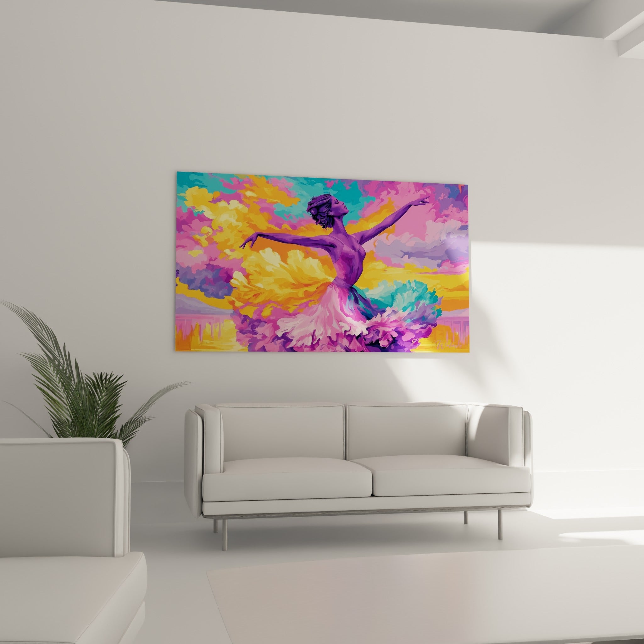 Figure violette dansant devant des nuées orangées et turquoise, au-dessus d'un canapé dans un salon lumineux