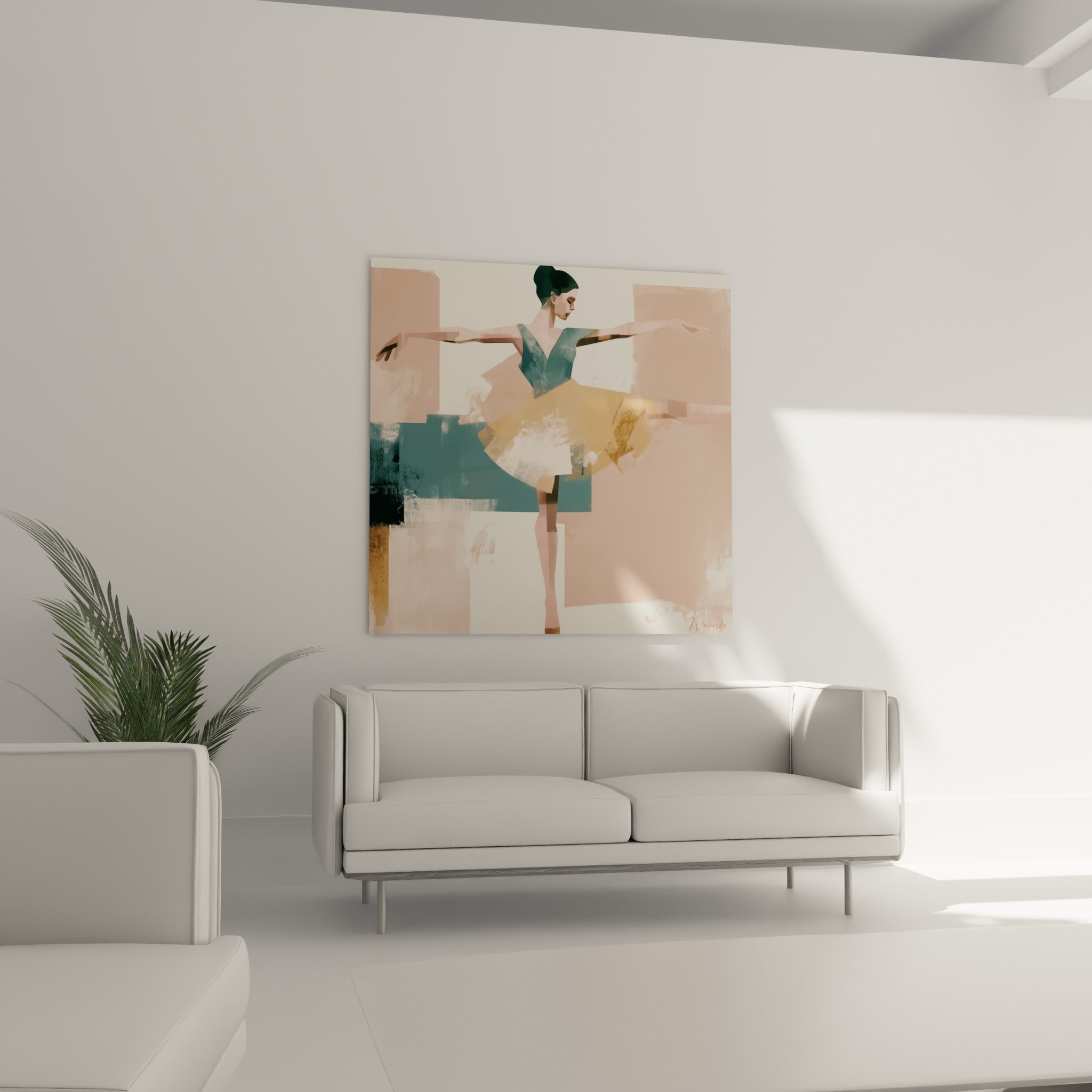 Silhouette de danseuse ocre et bleu canard positionnée au-dessus d'un canapé dans un salon lumineux