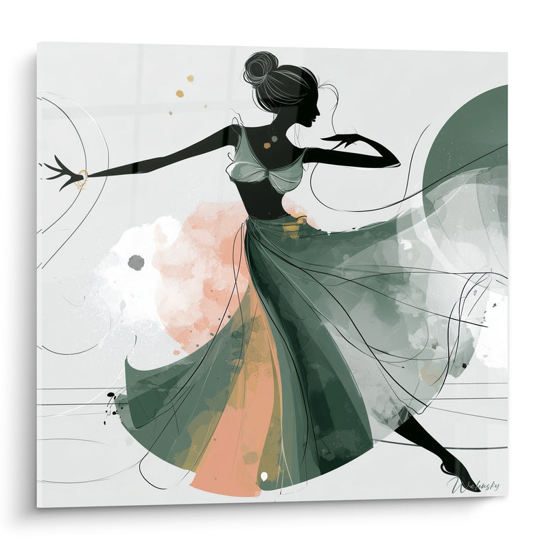 Tableau Danseuse silhouette noire jupe verte évasée - Envol gracieux - Edition Danseuse abstrait