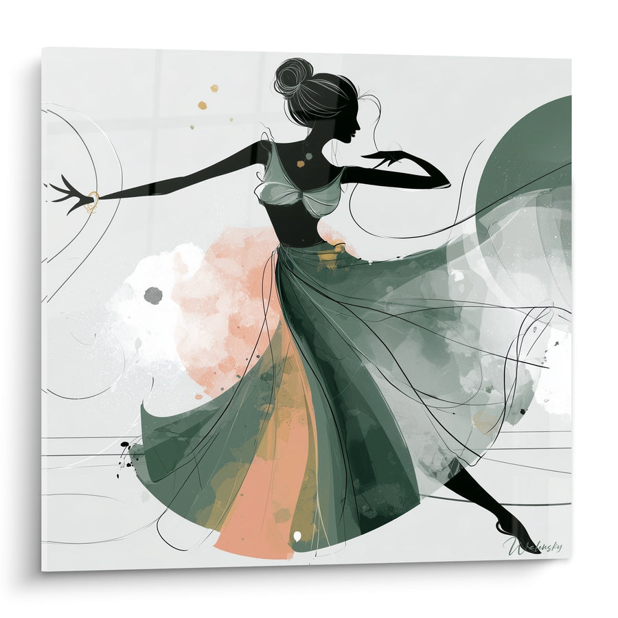 Tableau Danseuse silhouette noire jupe verte évasée - Envol gracieux - Edition Danseuse abstrait