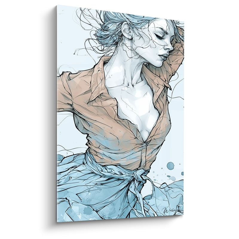Tableau Danseuse chemise corail et bleu nouée à la taille - Cheveux ébouriffés par le vent - Edition Danseuse abstrait
