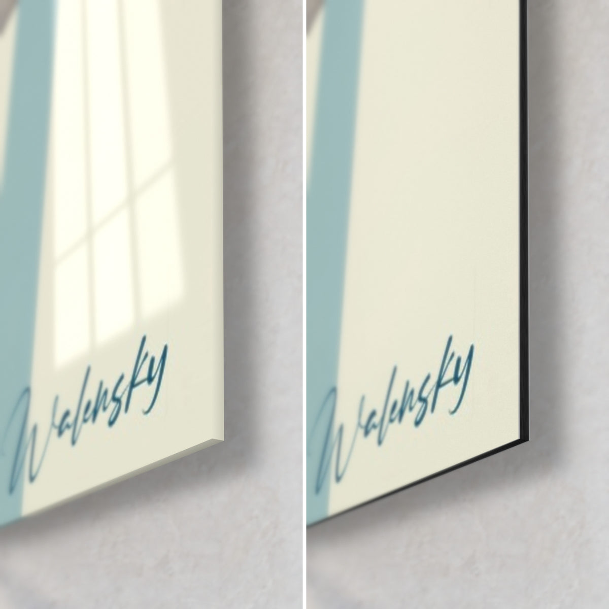 Schilderij danseres in blauw en ivoor, rechtsonder: signatuur Walensky, glanzend acrylglas en matzwarte rand van Dibond-aluminium