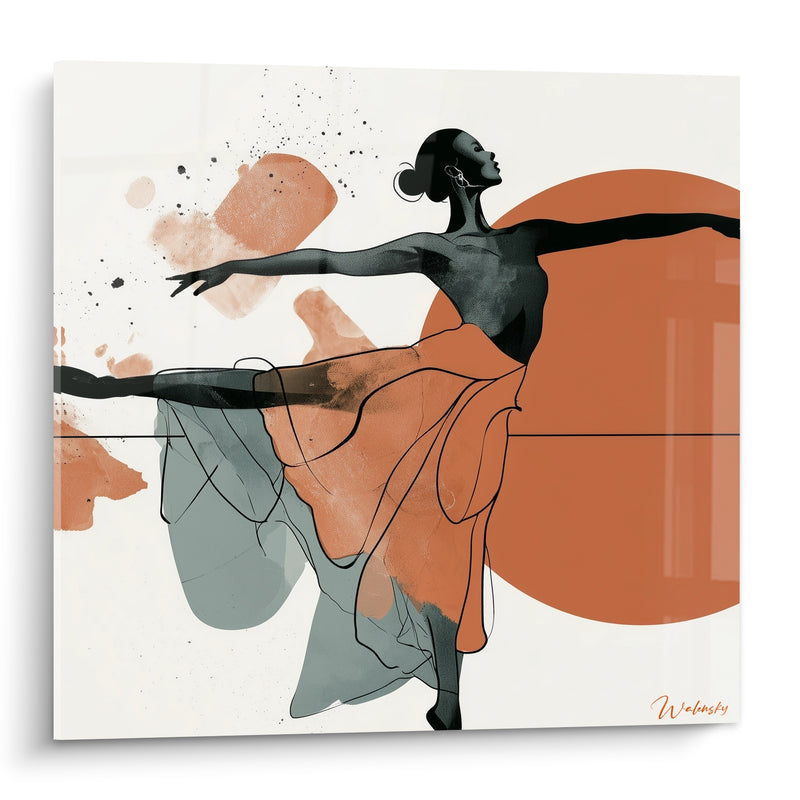 Tableau Danseuse noire et terracotta au grand cercle solaire - Ligne d'encre fine - Edition Danseuse abstrait