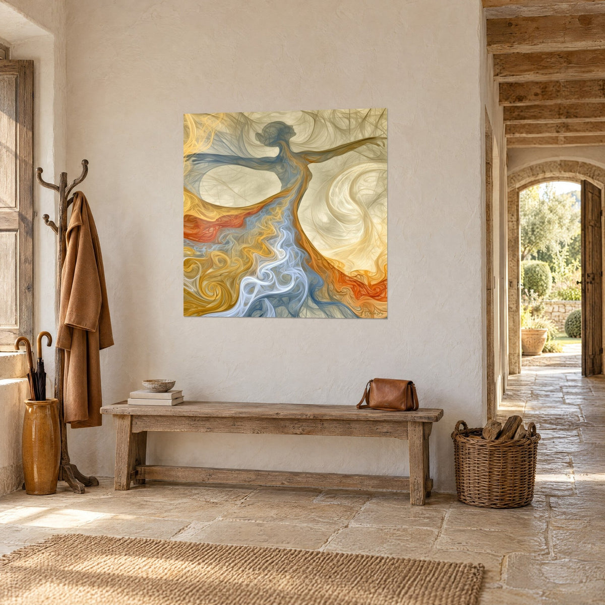 Tableau silhouette féminine en filaments jaune safran et bleu ciel, jupe tourbillonnante, vue de trois-quarts dans un couloir en pierre