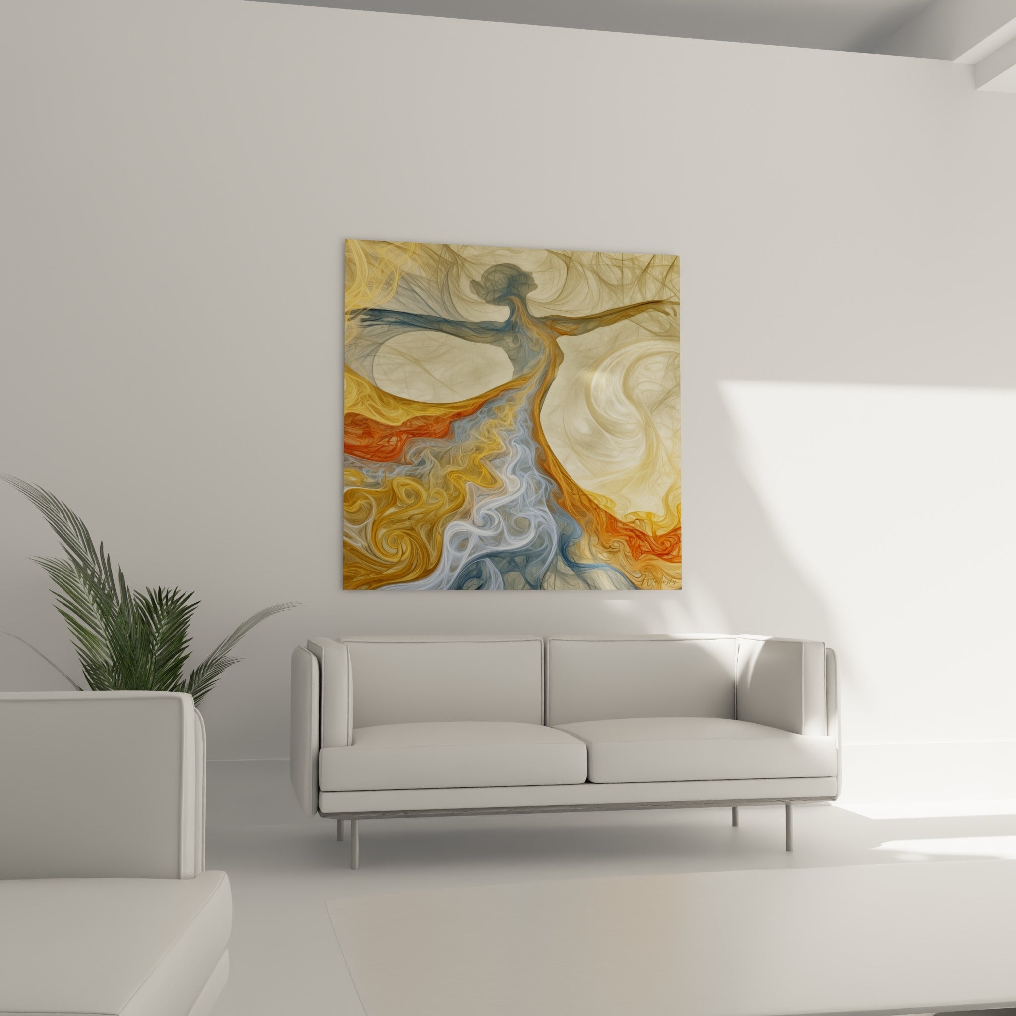 Figure abstraite bleu pastel et terracotta en plein mouvement, au-dessus d'un canapé dans un salon lumineux
