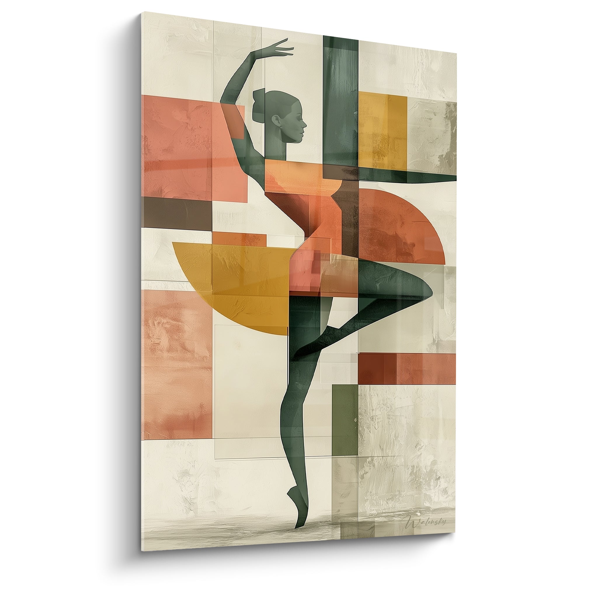 Danseuse abstraite terracotta et ocre en arabesque, silhouette verte sur blocs géométriques