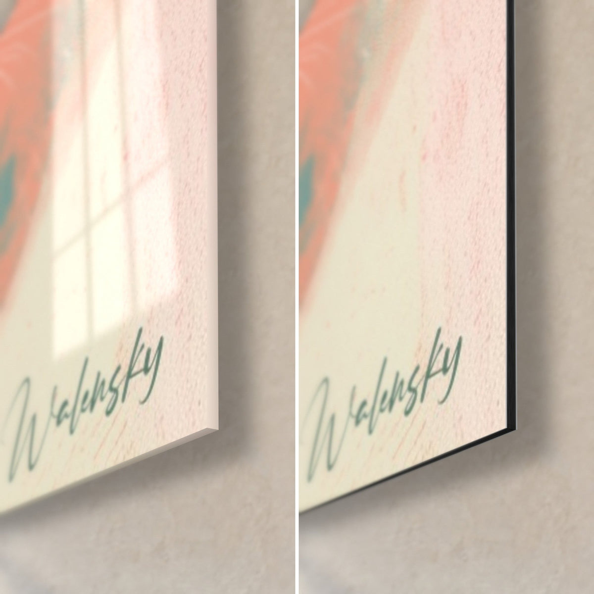 Tableau danseuse robe corail, coin bas droit : signature Walensky vert sauge, verre brillant à gauche, Dibond mat à droite, tranche 3 mm