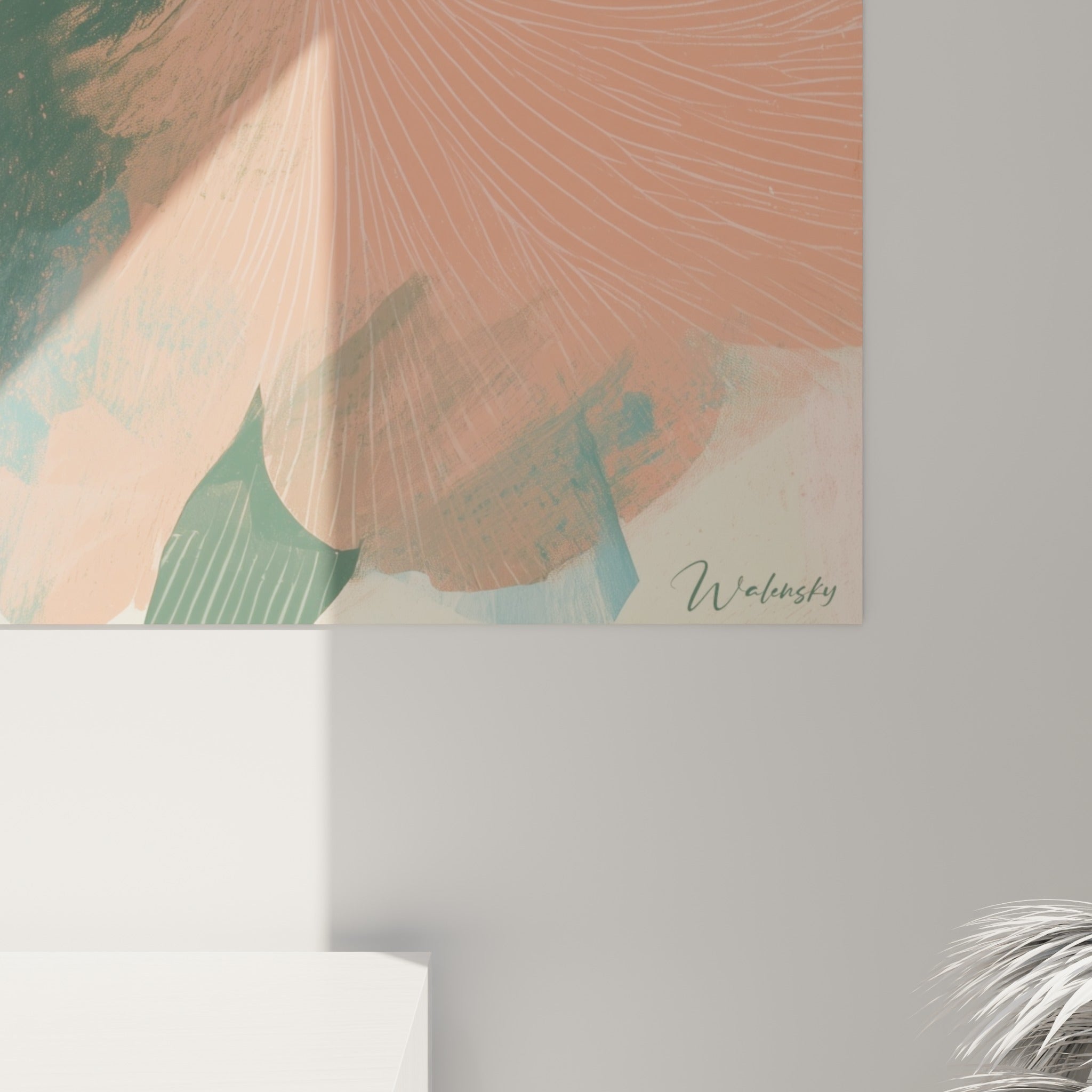 Empâtements de peinture corail et bleu pastel se mêlant aux lignes blanches fines de la robe tourbillonnante