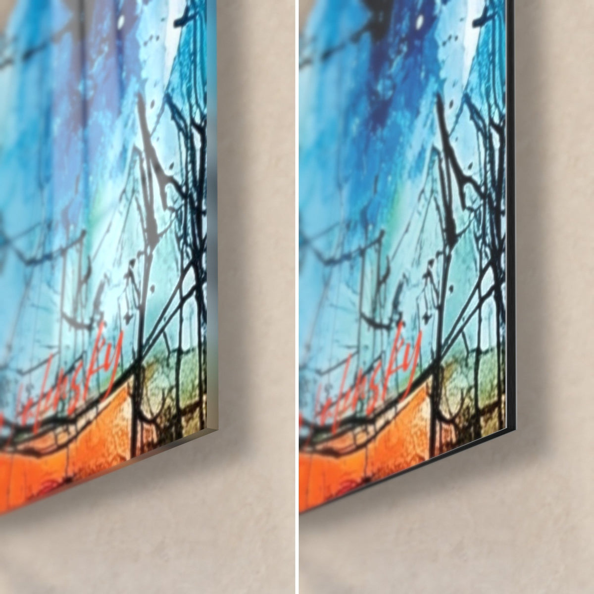 Gemälde Ballerina im orangefarbenen Kleid, untere rechte Ecke: glänzendes Acrylglas links, mattes Dibond rechts, Blau und Orange, 3 mm Kante