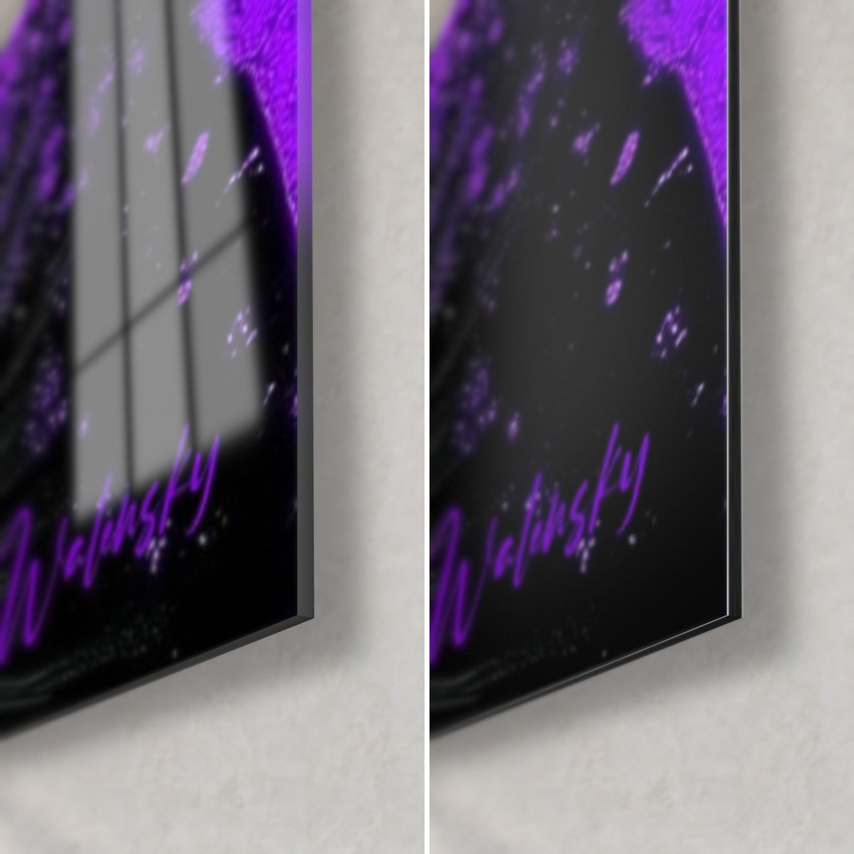 Tableau danseuse abstraite, coin bas droit : verre acrylique brillant et alu Dibond mat, signature violette, tranche de 3 mm