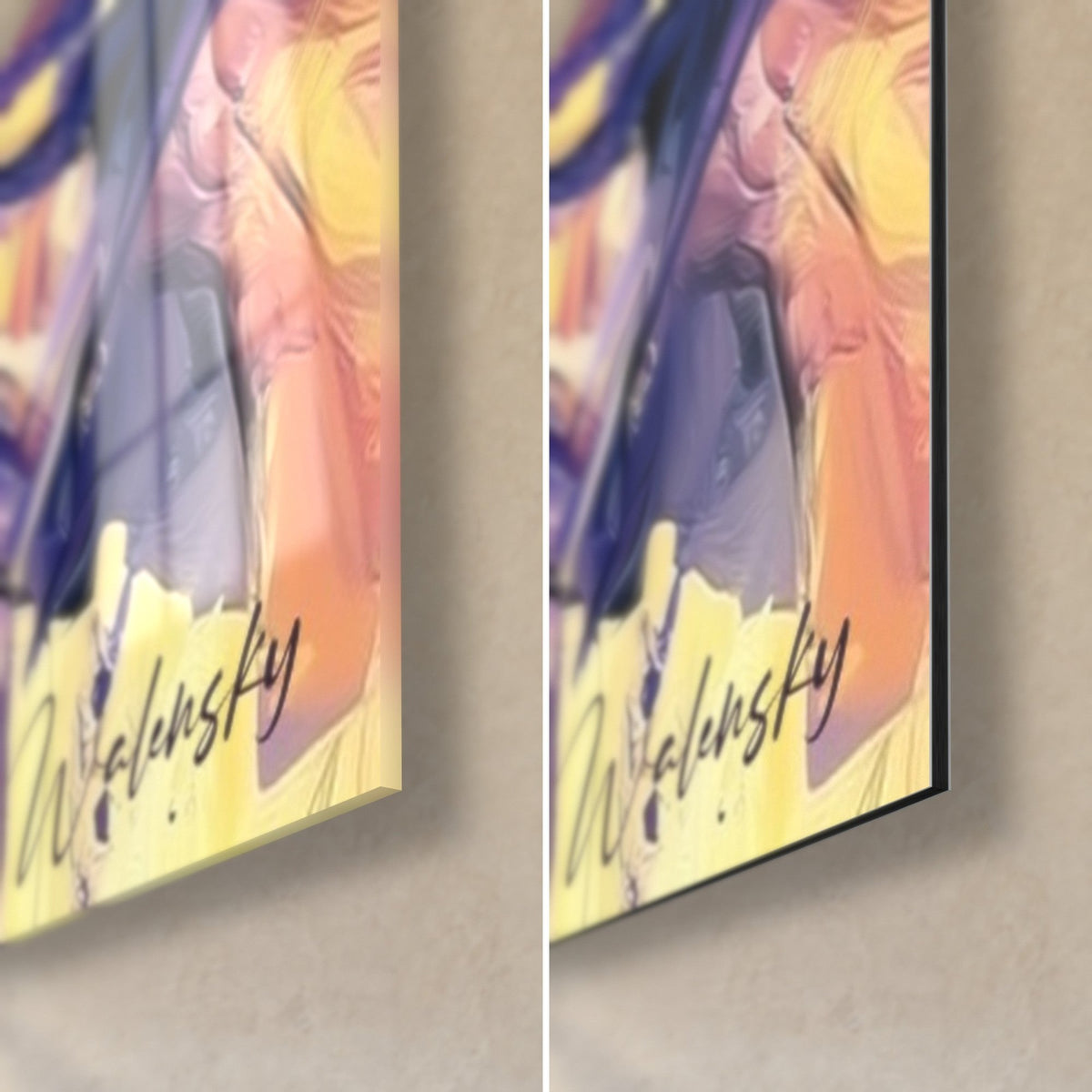 Tableau femme en robe violette et dorée, coin bas droit : signature Walensky, verre brillant à gauche, Dibond noir mat à droite