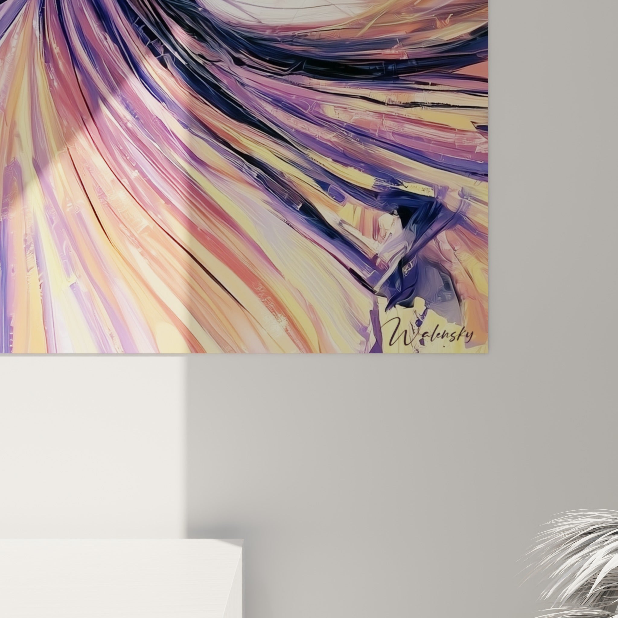 Empâtements et coulures violettes se mêlant à l'orangé sur le tissu tourbillonnant de la danseuse abstrait