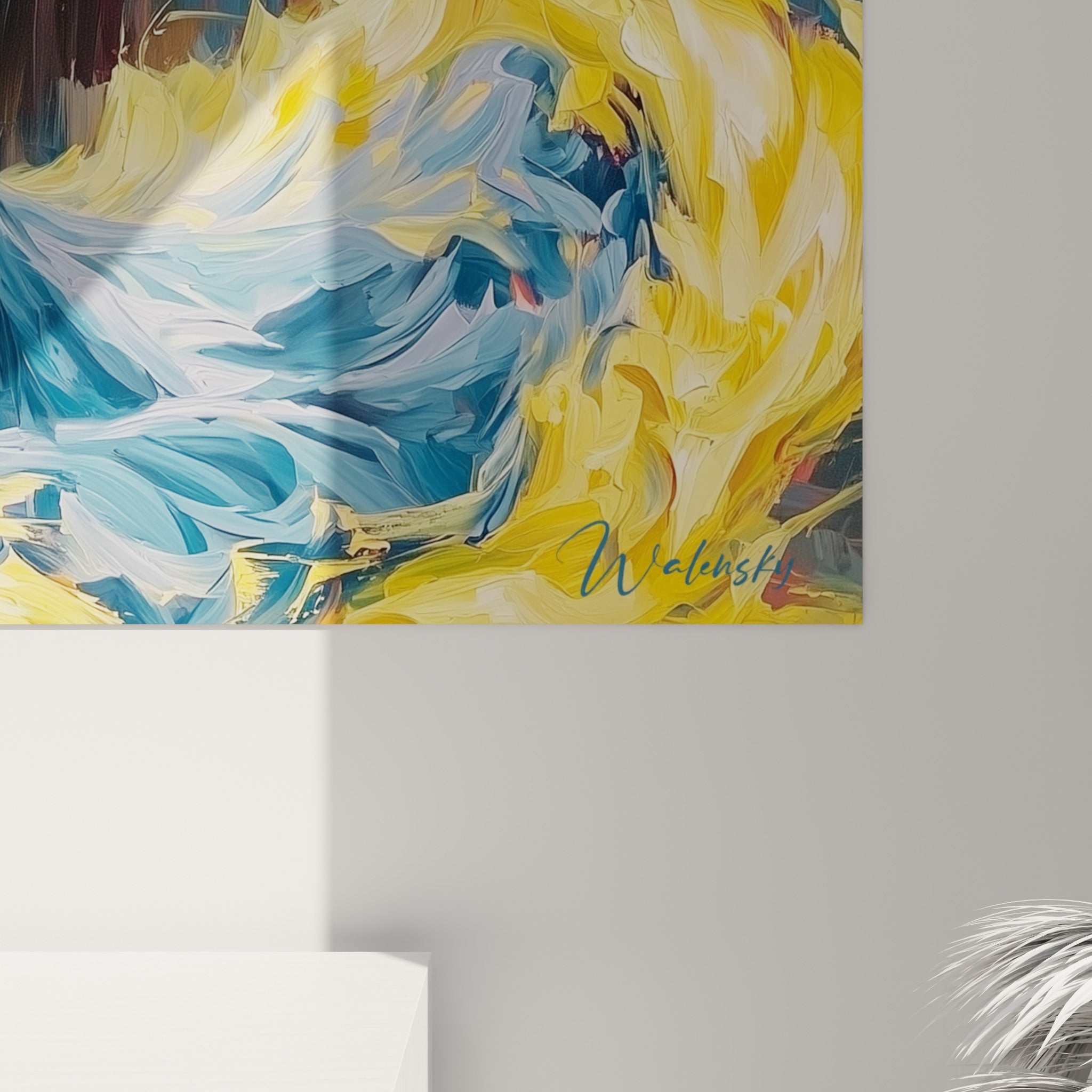 Empâtements de peinture jaune doré et bleu marine formant les plis de la robe de la Danseuse abstrait