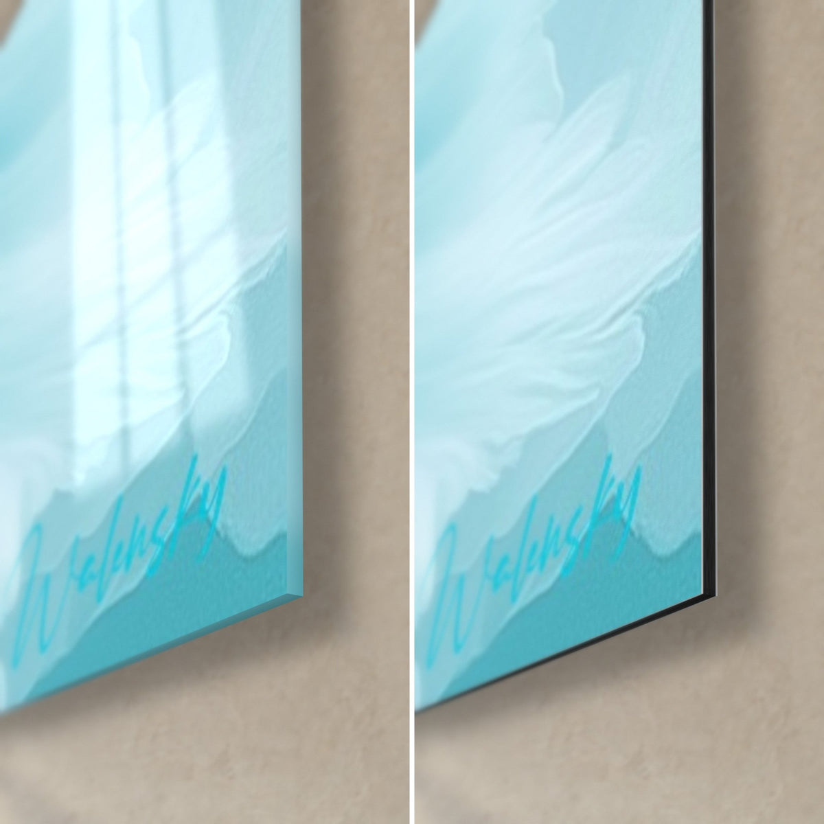 Tableau danseuse tutu turquoise, coin bas droit : verre acrylique brillant à gauche, Dibond mat noir à droite, tranche 3 mm