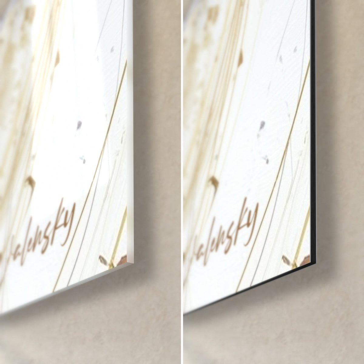 Tableau danseuse à robe dorée, coin bas droit : verre acrylique brillant à gauche, alu Dibond mat à droite, tranche de 3 mm