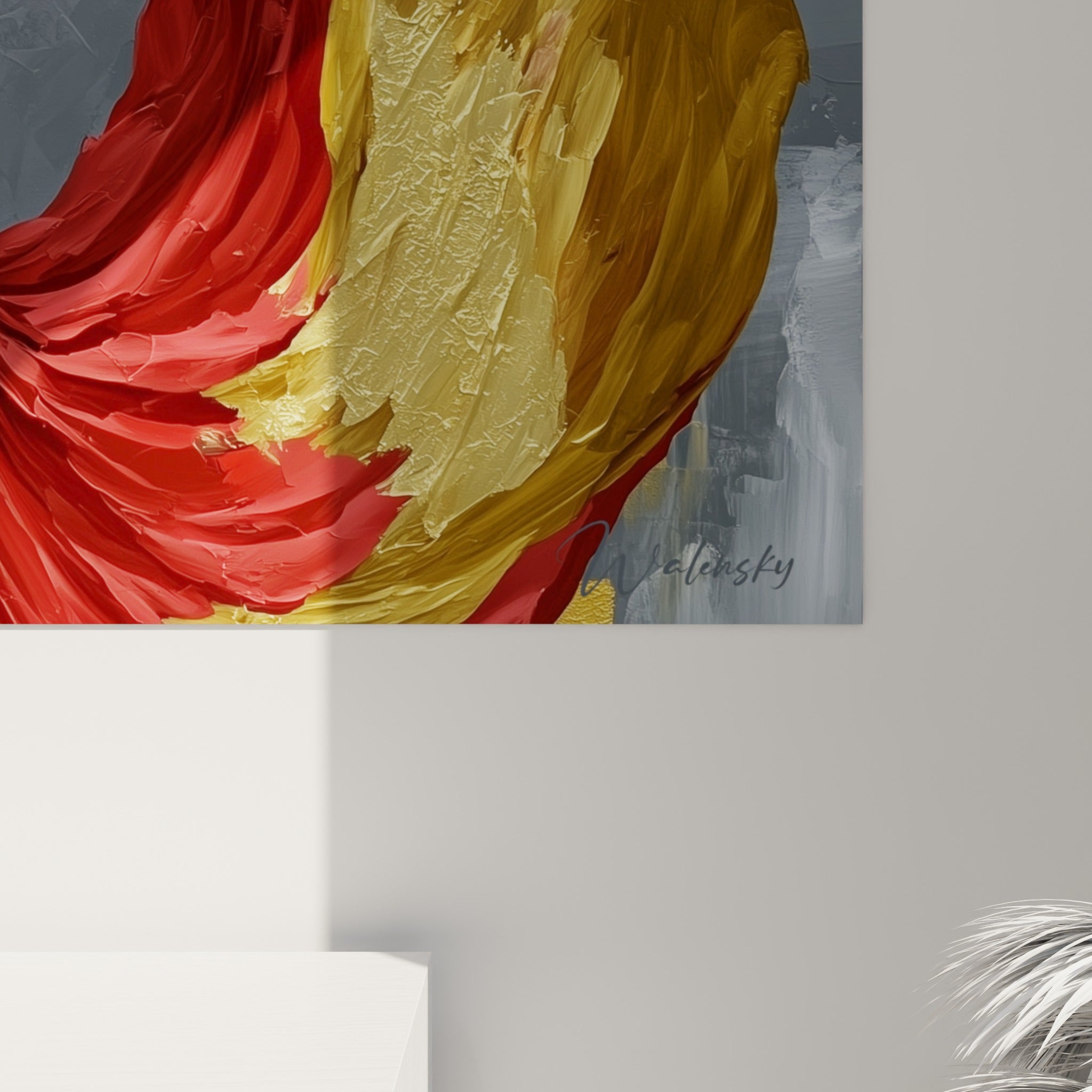 Empâtements dorés et coulures rouges de la robe de la danseuse abstraite vus de près sur la toile