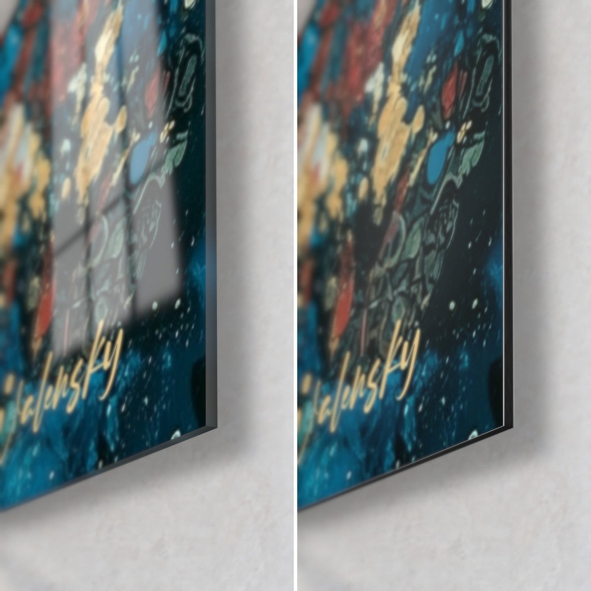 Tableau danseuse bleu profond et or, coin bas droit : verre acrylique brillant à gauche, alu Dibond mat à droite, tranche de 3 mm