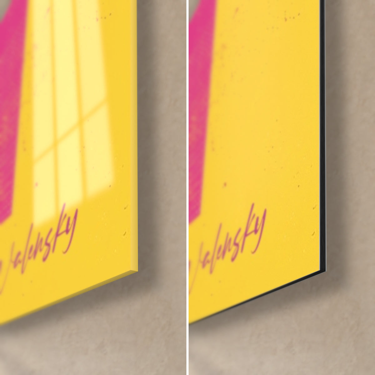 Wall art abstract dancer in pink and yellow, bottom right corner: glossy acrylic glass on the left, matte Dibond aluminium on the right, black edge
