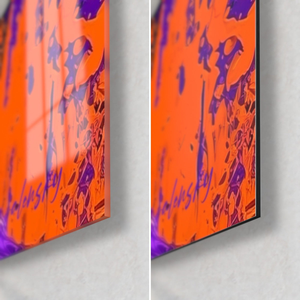 Tableau danseuse violette et orange, coin bas droit : verre acrylique brillant à gauche, alu Dibond mat à droite, tranche 3 mm