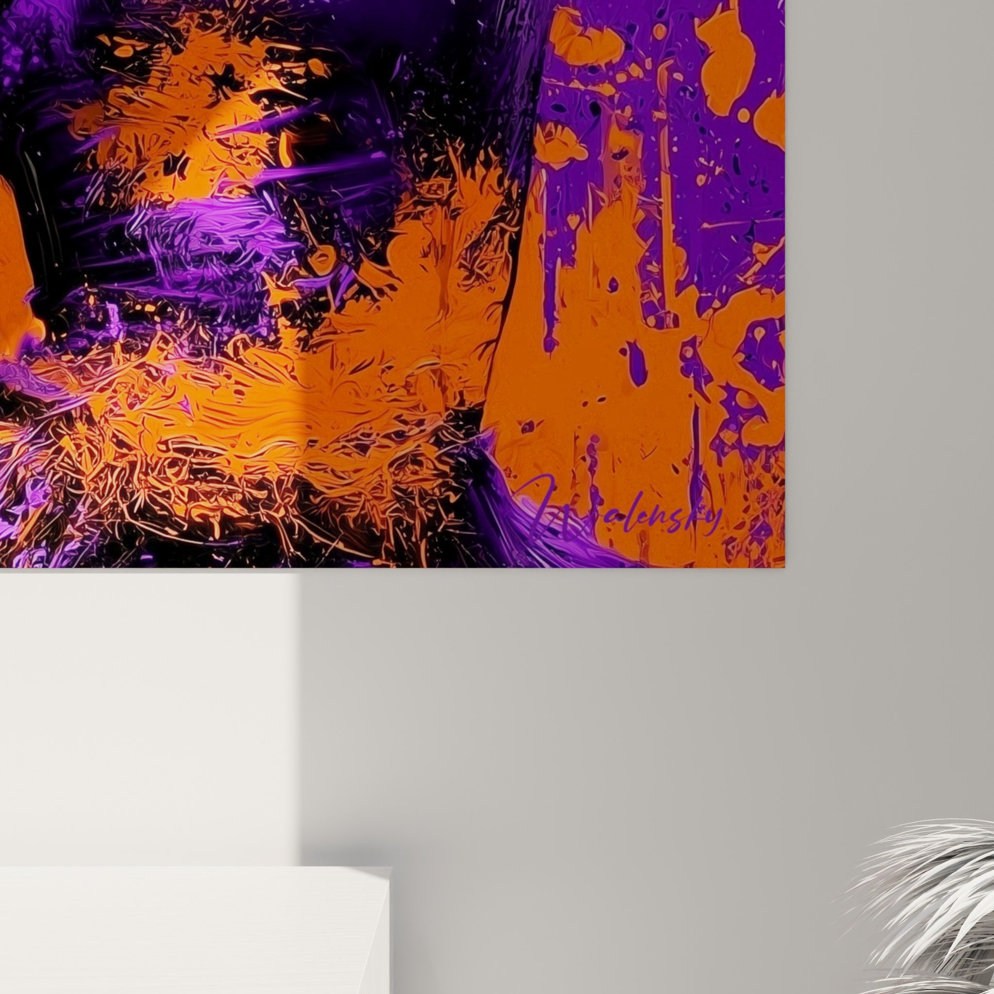 Empâtements orange fauve et coulures violettes se mêlant à la peau sombre de la danseuse, grain visible de la toile