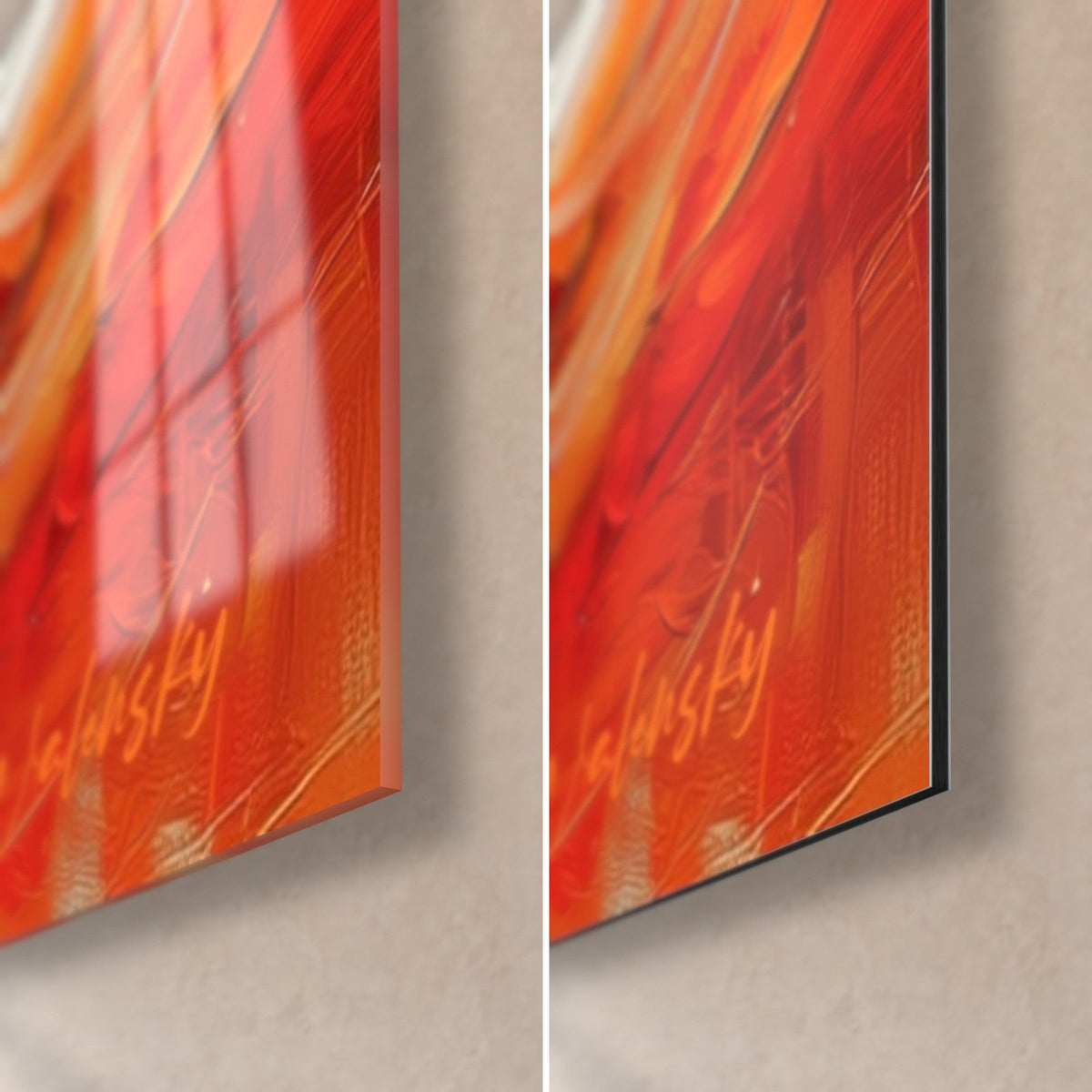 Tableau danseuse peinte à l'huile, coin bas droit en verre acrylique brillant orange et reflets, à droite Dibond noir mat de 3 mm