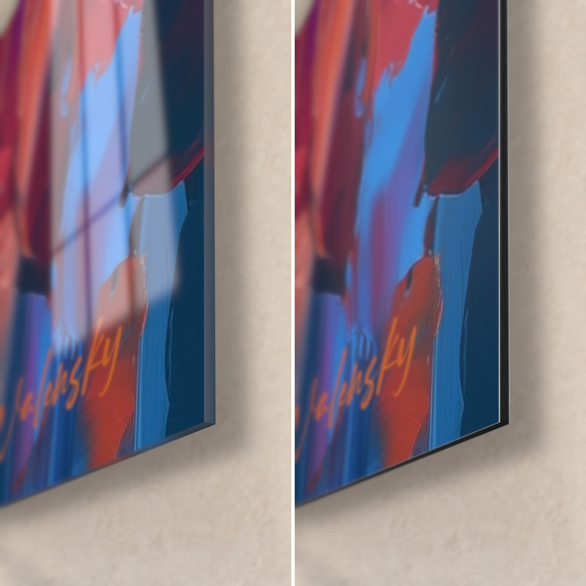 Tableau danseuse robe bleue et fond orange, coin bas droit : verre acrylique brillant à gauche, alu Dibond mat à droite, tranche de 3 mm