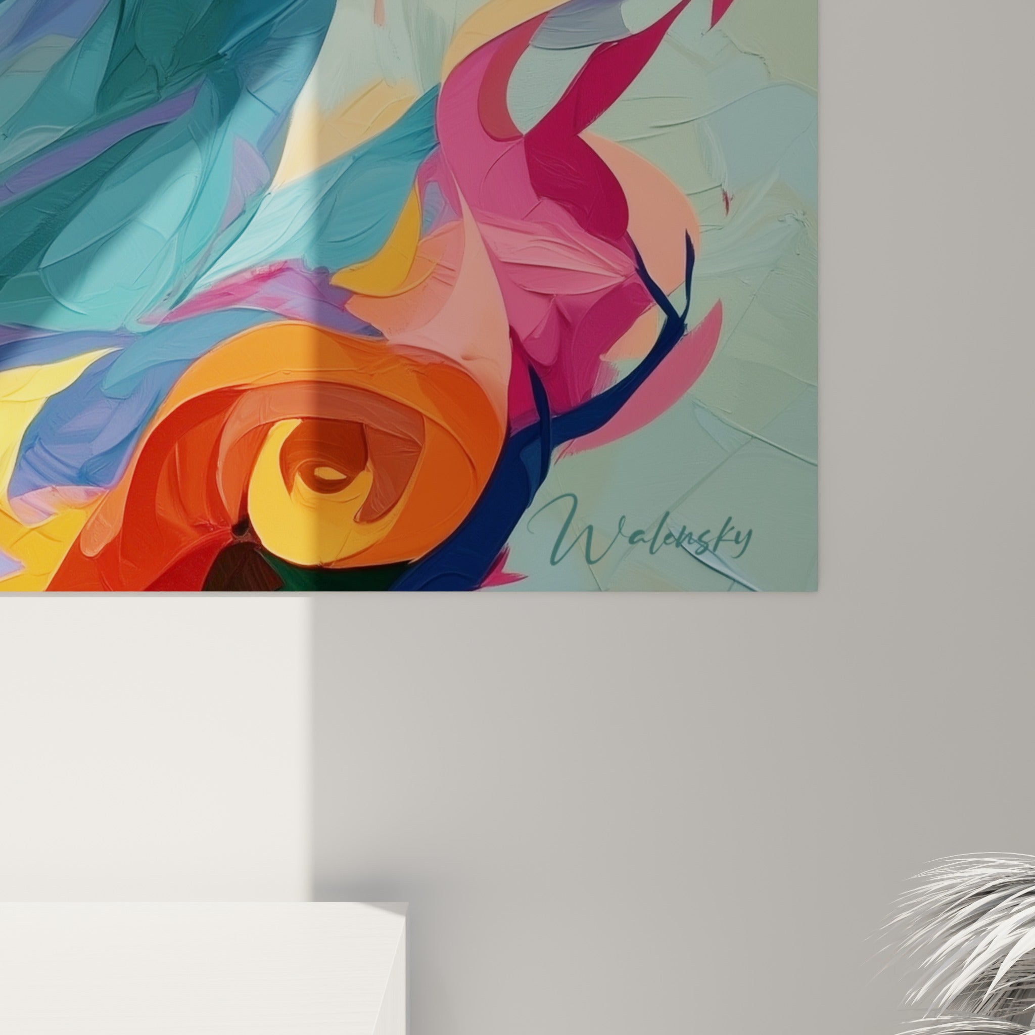 Empâtements colorés mêlant rose, orange et bleu pétrole visibles sur la texture de cette œuvre picturale