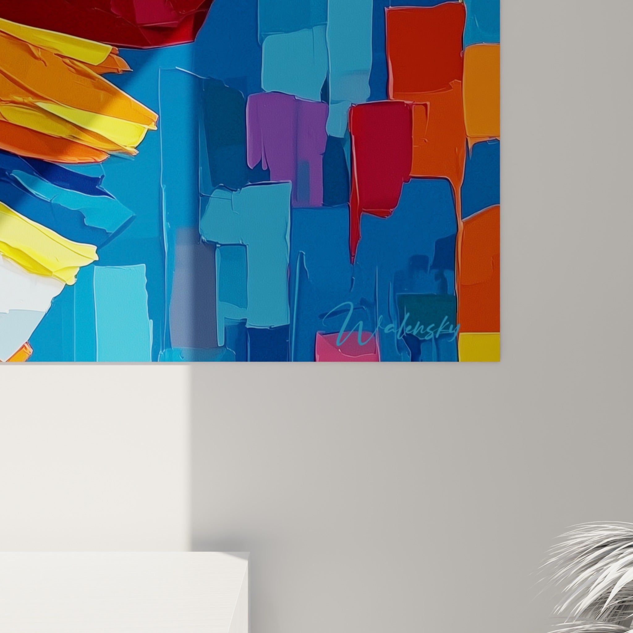 Empâtements colorés jaune, orange et bleu marine se fondant en reliefs texturés sur la jupe de la danseuse