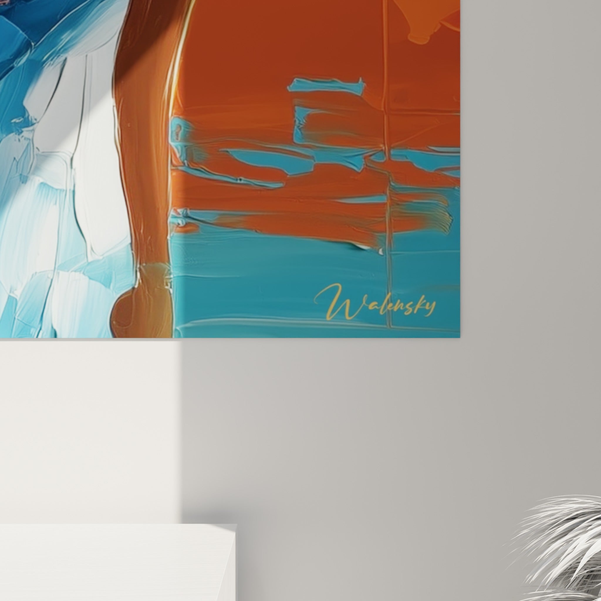 Empâtements de peinture bleu marine et orange sur la robe de la danseuse, matière riche et texturée