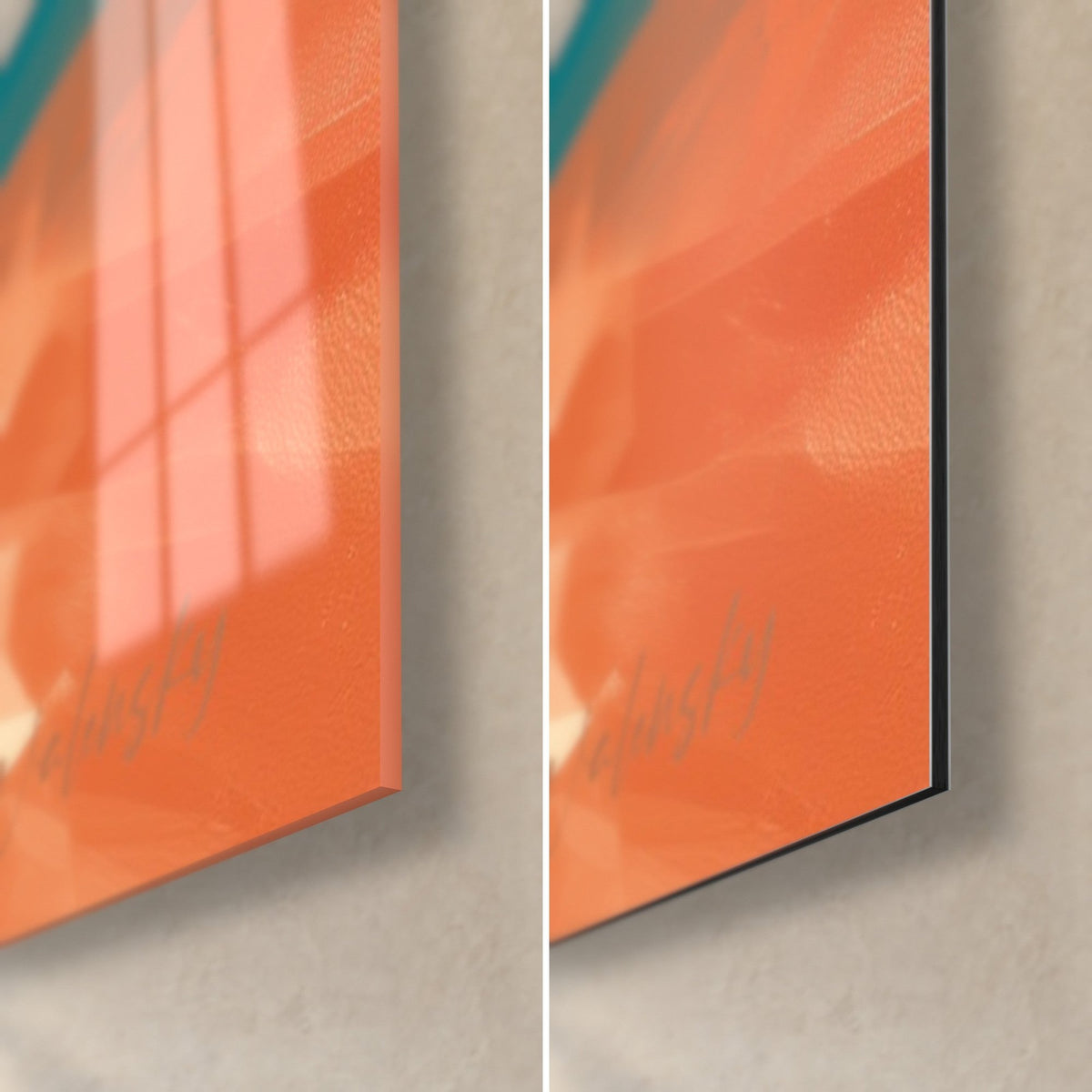 Tableau danseuse aux touches turquoise et orange, coin bas droit : verre acrylique brillant à gauche, Dibond noir mat à droite