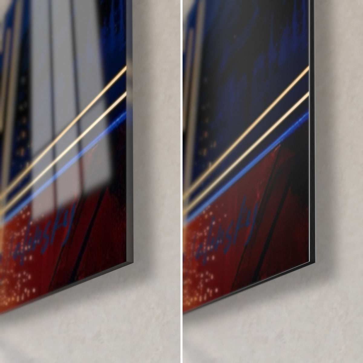 Tableau silhouette dansante aux traits dorés fins, rouge sombre et bleu nuit, coin bas droit en verre brillant et Dibond mat