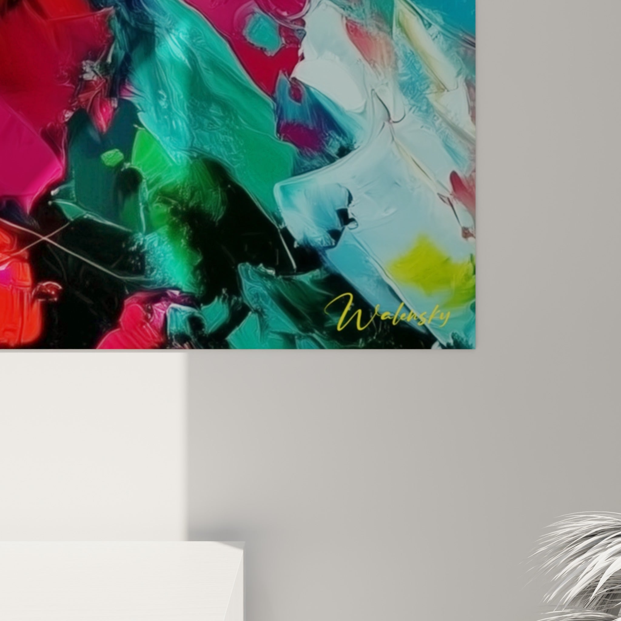 Empâtements de peinture rouge, jaune et turquoise se mêlant en coulures épaisses sur la robe de la danseuse