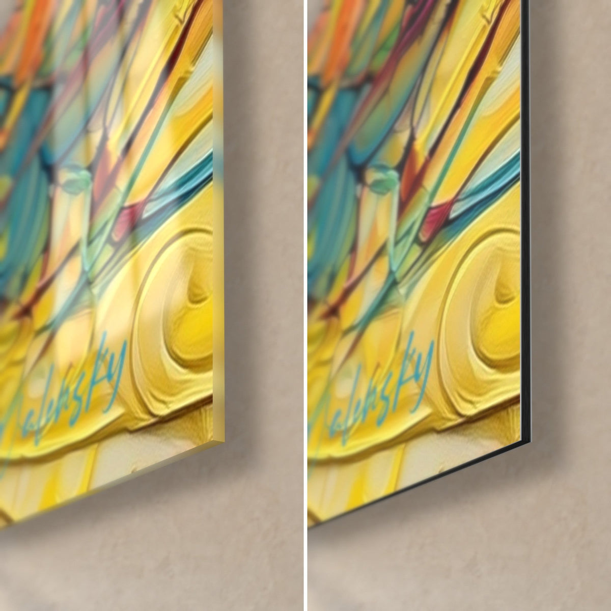 Tableau silhouette dansante aux volutes jaune citron en relief, coin bas droit : verre brillant à gauche, Dibond mat à droite, tranche 3 mm
