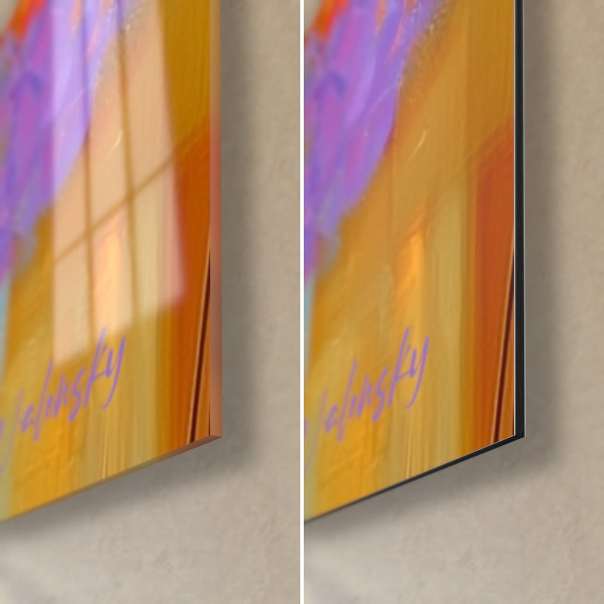 Schilderij geschilderde danseres, glanzende glazen hoek links en mat Dibond-aluminium rechts, zwarte rand van 3 mm, reflecties