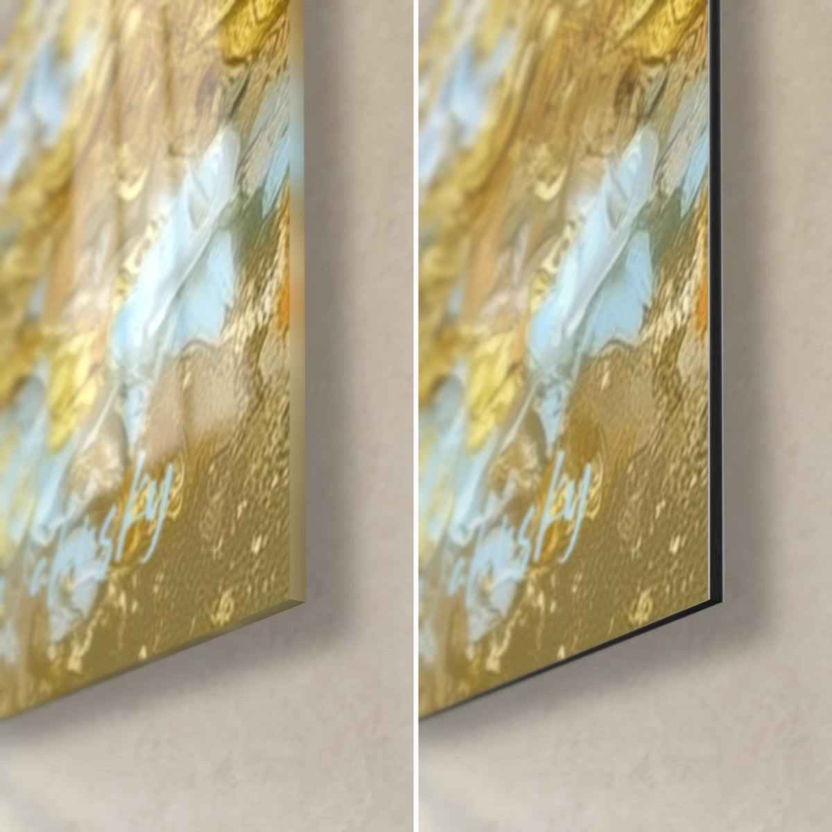 Tableau danseuse à la robe dorée, coin bas droit : verre brillant aux reflets jaunes et alu Dibond mat noir, tranche de 3 mm