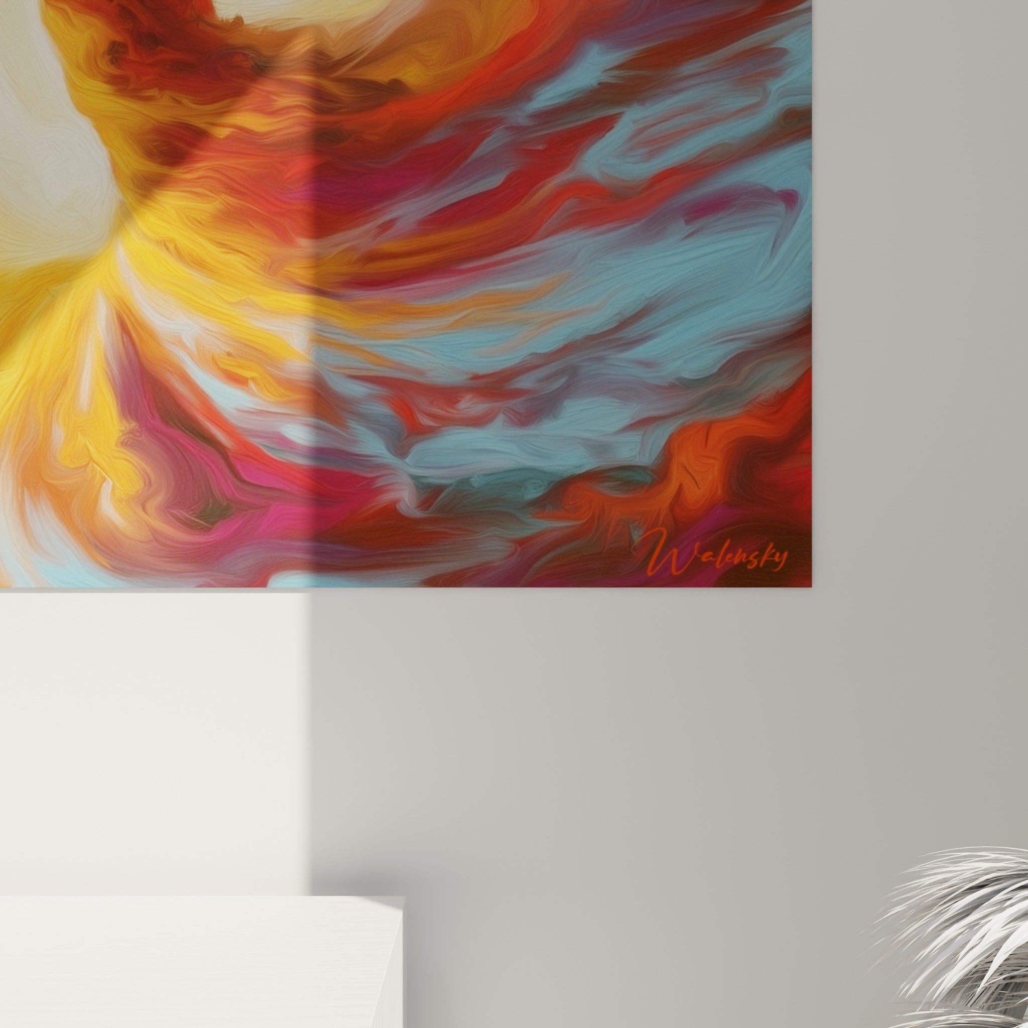 Empâtements de rouge cerise et d'orange incandescent se mêlant en coulures fluides sur la robe de la danseuse