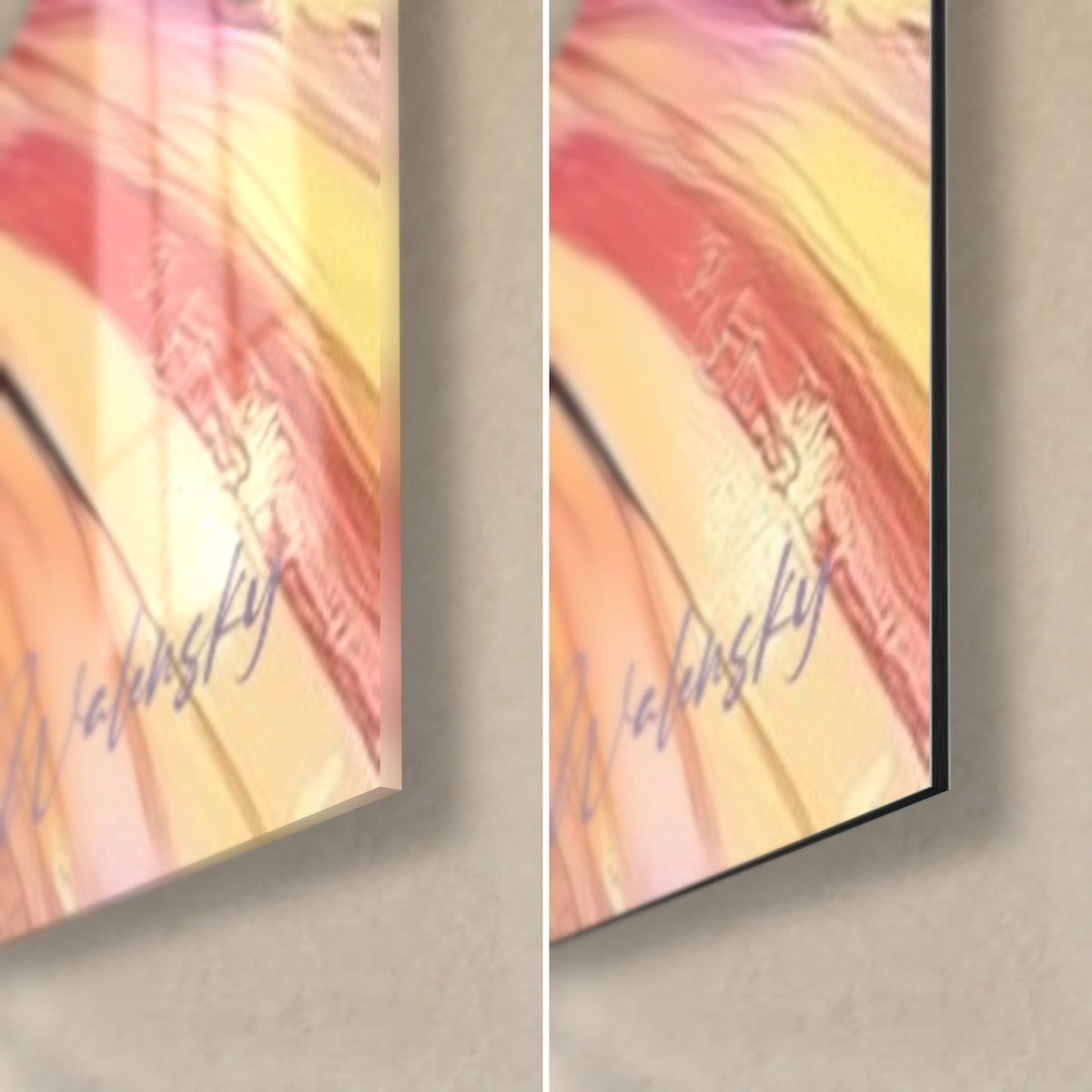 Schilderij danseres in roze en geel gestreepte jurk, rechtsonder: glanzend glas links, mat zwart Dibond rechts