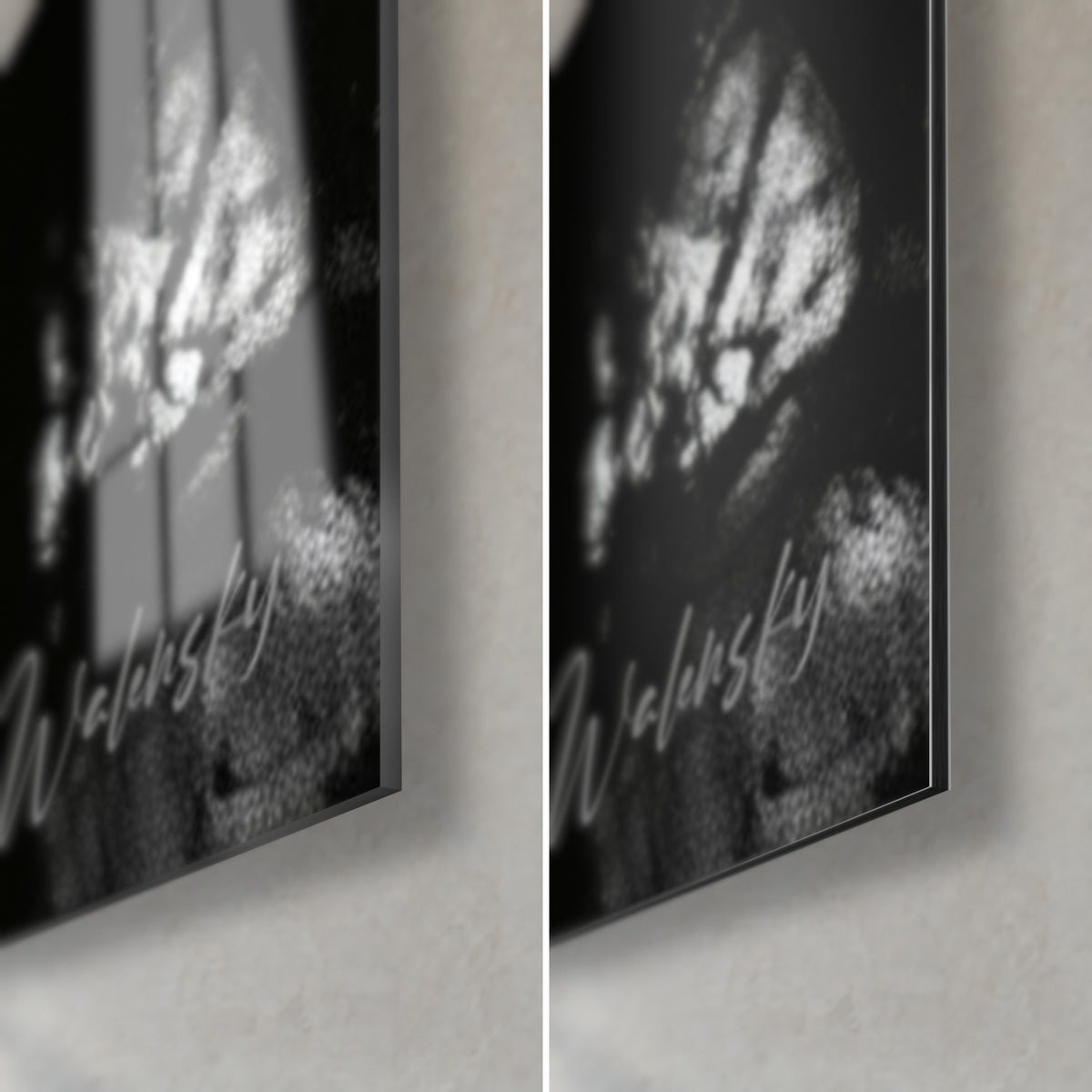 Gemälde Ballerina im schwarzen Kleid, untere rechte Ecke: glänzendes Acrylglas links, mattes graues Dibond rechts, 3 mm Kante