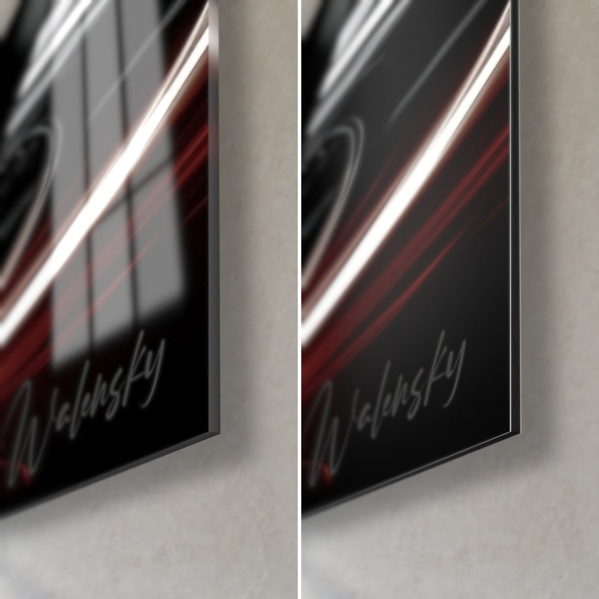 Tableau danseuse en noir et blanc, coin bas droit : reflet rouge brillant du verre à gauche, Dibond mat noir à droite, tranche de 3 mm
