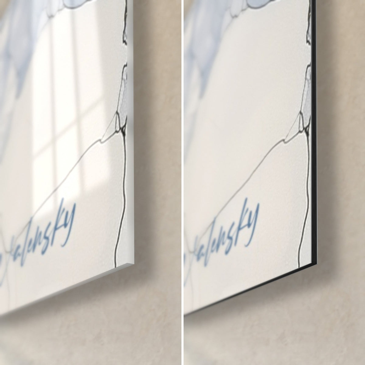Obraz baletnica o niebieskich włosach, podpis Walensky w prawym dolnym rogu, błyszczące szkło akrylowe i matowe aluminium Dibond, krawędź 3 mm