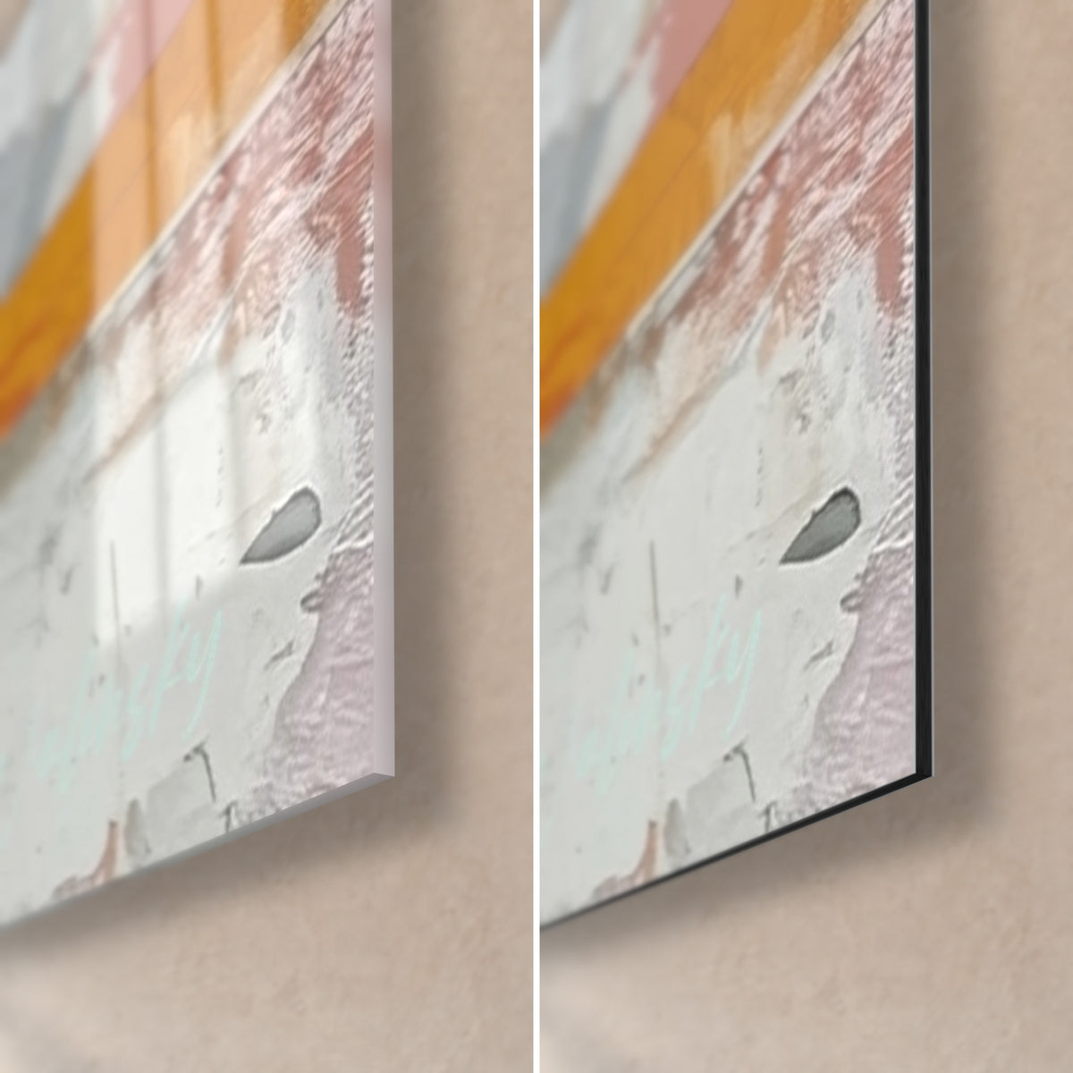 Wall art dancer in collage, bottom right corner: glossy glass on the left, matte black Dibond on the right, orange and pale pink fragments