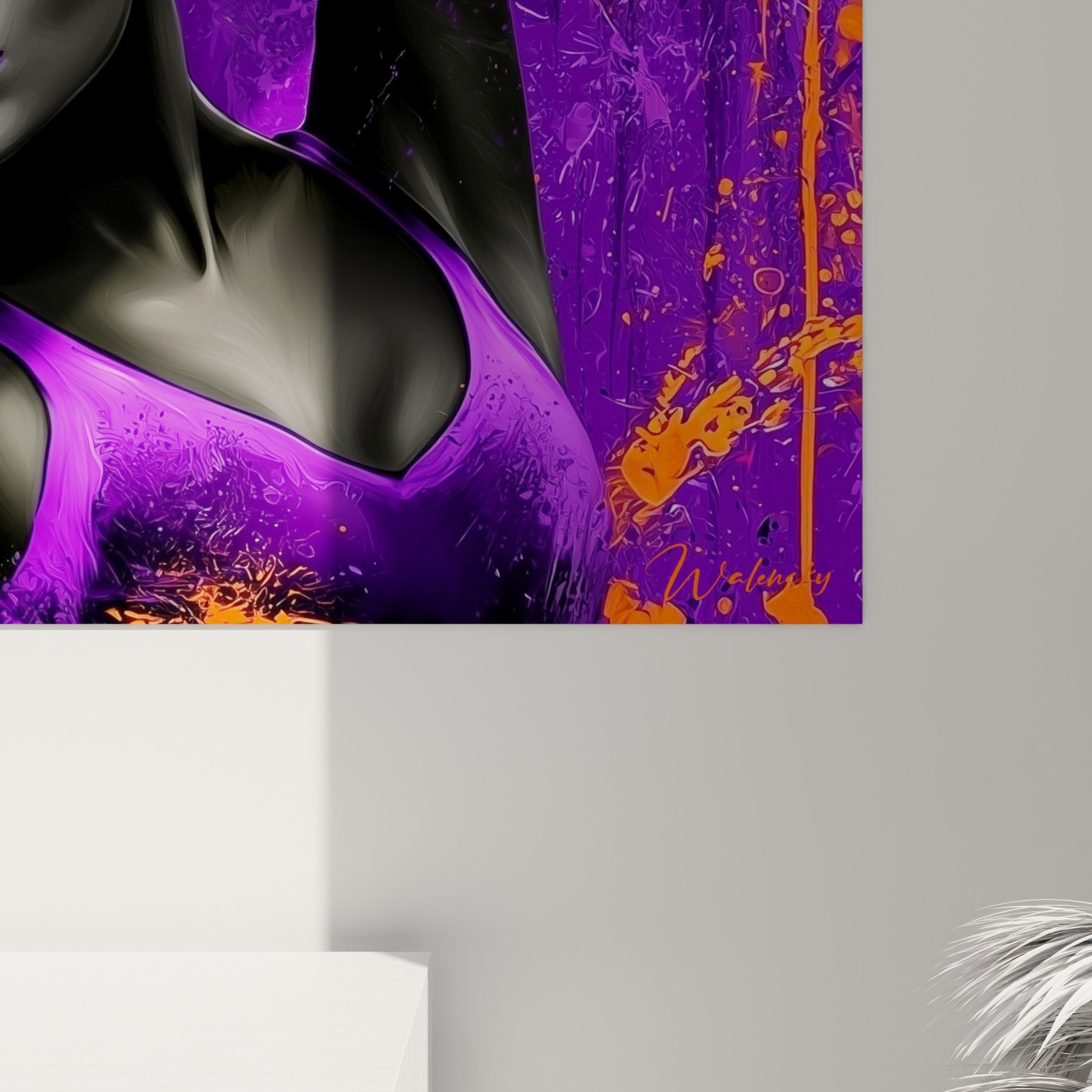 Empâtements et coulures orange sur fond violet profond, grain de peinture visible sur le bras tendu de la danseuse