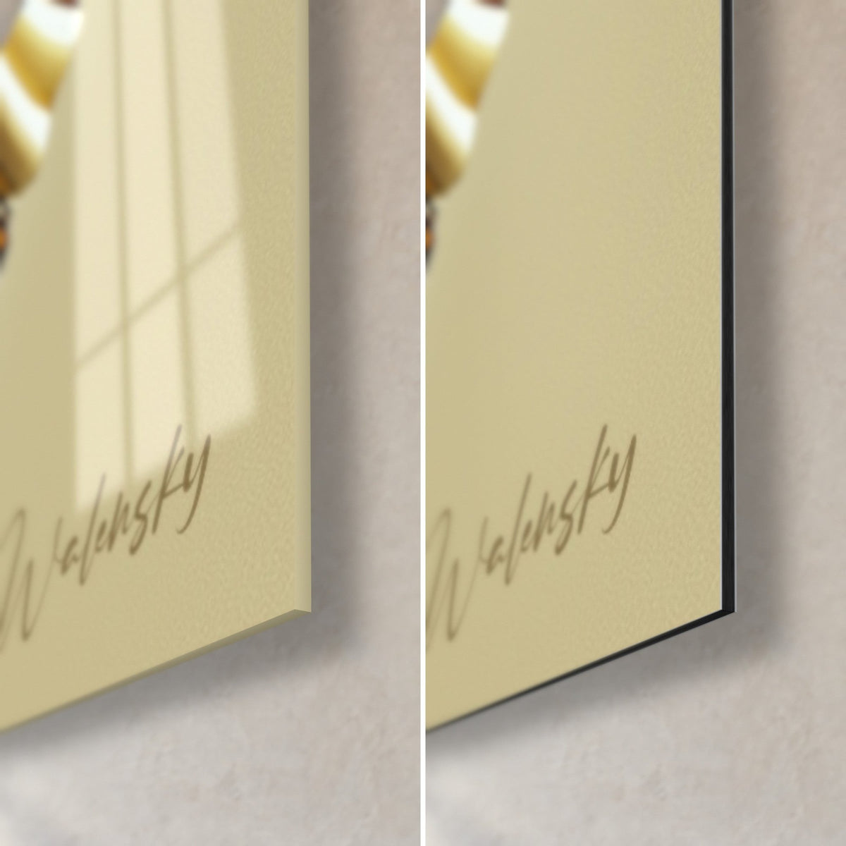 Cuadro bailarina dorada, esquina inferior derecha: cristal acrílico brillante con reflejos y aluminio Dibond mate, canto de 3 mm, fondo beige