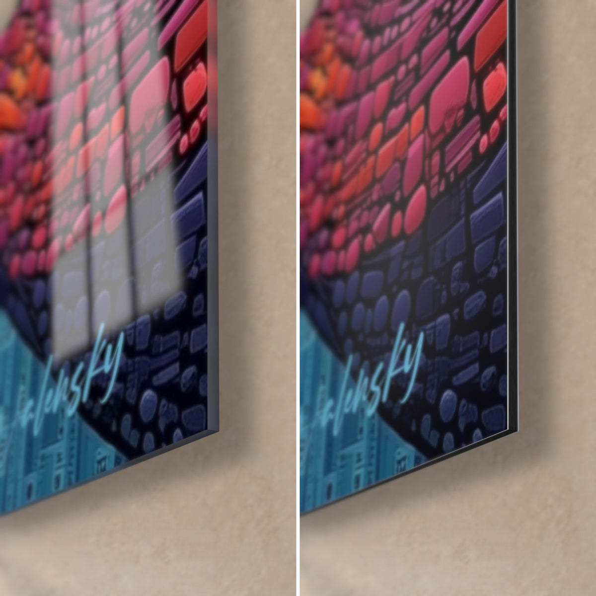 Wall art mosaic dancer, lower right corner: glossy glass with rosy reflections on the left, matte violet Dibond on the right, 3 mm edge